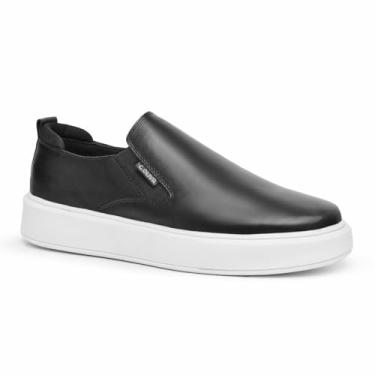 Imagem de Tênis Slip On Masculino em Couro Legítimo Casual e Elegante Sola Micro Expandida, Palmilha em Gel Preto Branco e Marrom (Preto, BR, Adulto, Numérico, 43)