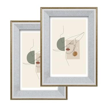 Imagem de SIMON'S SHOP Porta-retrato 10 x 15 cm para mesa, moldura cinza com borda dourada, pacote com 2, tela de 10 x 15 fotos