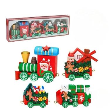 Imagem de Trenzinho Natal Madeira 4 Vagões 22cm | Decoração Mesa e Árvore | Presente Temático Familiar | Cena Natalina Detalhada