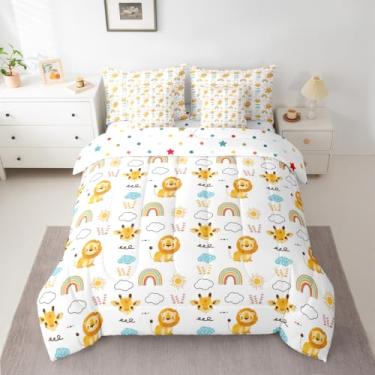 Imagem de jejeloiu Conjunto de edredom com 7 peças, solteiro, leão, girafa, arco-íris, desenho animado, animal, amarelo, azul, microfibra leve para meninos e meninas