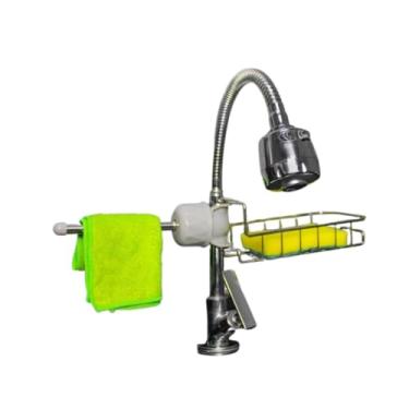 Imagem de Suporte de Torneira Ajustável com Prateleira, Flexível, Cromado, Organizador para Cozinha, Acessório com Bandeja para Esponja e Sabão