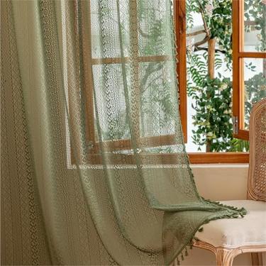 Imagem de Sutuo Home Cortinas transparentes boho verde-oliva 182 cm de comprimento para cozinha, quarto, cortinas de renda, boêmia, francês, country, privacidade, crochê, filtro de luz, borlas vintage, bolso
