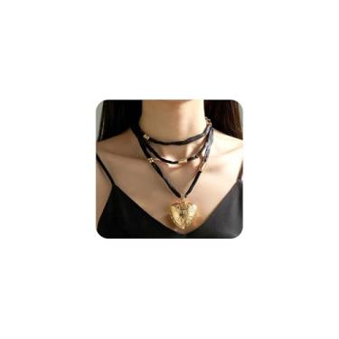 Imagem de Rrdaily Colar de tecido longo banhado a ouro com pingente de coração grosso multicamadas corda amor colares retrô esculpido coração inchado colar gargantilha para presente feminino, Medium, Tecido