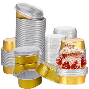 Imagem de Pacote com 100 mini copos de alumínio para assar com tampas, recipiente de forro de panqueca de ramekins descartável de 59 ml para copos de lata de torta específicos de sobremesa, pudim de creme