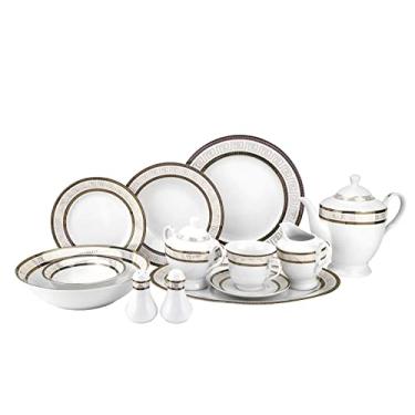 Imagem de Conjunto de louça de porcelana Bone China de 57 peças com bordas ornamentadas, conjunto de jantar elegante super branco, jantar, sopa, pratos de salada, creme, bule de chá, xícaras de chá e pires