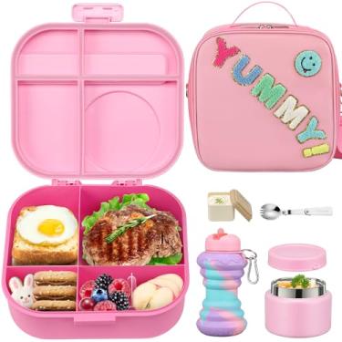 Imagem de Lancheira infantil Bento com garrafa térmica de sopa de 340 g, recipiente de comida à prova de vazamento para almoço infantil com 4 compartimentos, lancheira isolada e copo de água para meninas e
