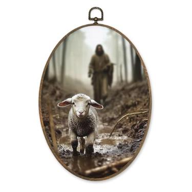 Imagem de KVEKVE Decoração de parede redonda de Jesus Cristão e o Cordeiro Perdido, arte de parede emoldurada de Páscoa cristã vintage, arte de parede, decoração religiosa para quarto e sala de estar