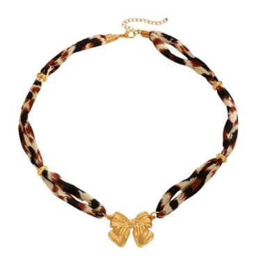 Imagem de Izpack Colar gargantilha de tecido de seda de leopardo com laço boho - Colar com pingente de duas camadas com laço banhado a ouro, corrente ajustável, joia de aniversário para mulheres e mães