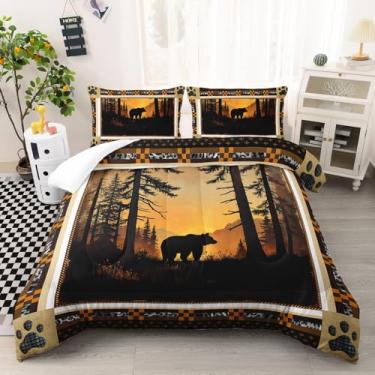 Imagem de AILONEN Jogo de cama casal, temática de caça de animais selvagens, rústico, para crianças, meninos, pôr do sol, floresta, urso, edredom com 2 fronhas, 3 peças
