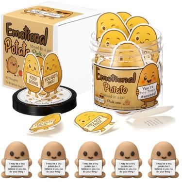 Imagem de Gejoy 60 peças de pote de cartão de batata conforto emocional com 5 mini brinquedos de batata de borracha, presentes positivos, mulheres, homens, afirmação, aniversário, Natal, presente motivacional