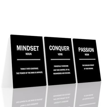 Imagem de 3 peças de arte motivacional de parede em tela Mindset Conquer Passion Picture Painting Empreendedor citações pôsteres impressão arte para escritório sala de aula decoração de parede esticado e