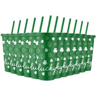 Imagem de FoldTier 12 peças de copos de presente de Dia de São Patrício a granel para mulheres, copos de trevo de trevo da sorte, suprimentos de festa de primavera irlandeses, 680 g, copos reutilizáveis de