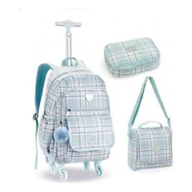 Imagem de Kit Mochila De Rodinhas 360° Escolar Xadrez, Com Rodas Giratórias, Alça Telescópica, 3 Peças, Para Estudantes Juvenil Feminino (Azul Turquesa)