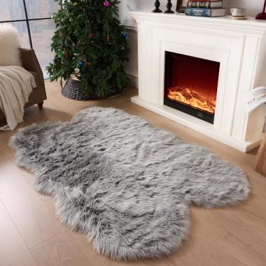 Imagem de CKLZSAY Tapete de pele sintética fofa cinza de pele de carneiro, tapete de pelúcia ultramacio de 1,2 x 1,8 m para quarto, cabeceira, sala de estar, berçário, quarto de crianças