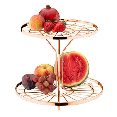 Imagem de Fruteira Dupla Dois Andares Redonda Porta Fruta Rosé Gold Organizador Para Cozinha Bancada Decoração Acabamento Brilhante