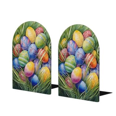 Imagem de Eggs Easter Colorful Cute Large Wooden Bookend Decorative Bookend Antiderrapante Heavy Duty Book Ends for Office Desk Home Office Library School Study Decoration Book Divisores para prateleiras, 1 par