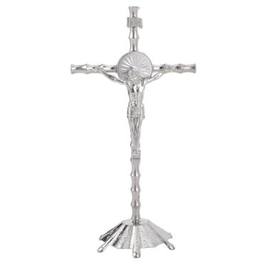 Imagem de HOBBIESAY Crucifixo em pé 21,7 cm H liga crucifixo mesa cruz espiritual cristã s Jerusalém platina cruz estátua com base para mesa parede casa decoração igreja