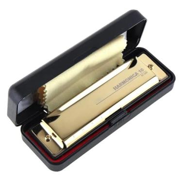 Imagem de Gaita Profissional 10 Furos 20 Tons Dourado Fosco Preto Portátil Harmonica Blues (Ouro)