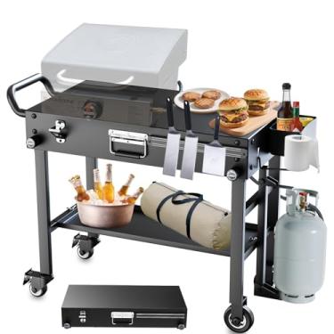 Imagem de Arribueno Suporte portátil para chapa Blackstone de 43 e 55 cm – Mesa de grelha resistente para forno de pizza Ooni, churrasqueiras Ninja Woodfire, carrinho dobrável com rodas, suporte de tanque de