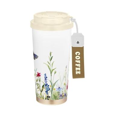 Imagem de SEHANY Caneca de viagem borboleta e flores de 482 ml Copos de café reutilizáveis revestidos de cerâmica com tampa à prova de vazamento, parede dupla, isolamento a vácuo, copo de café de aço inoxidável