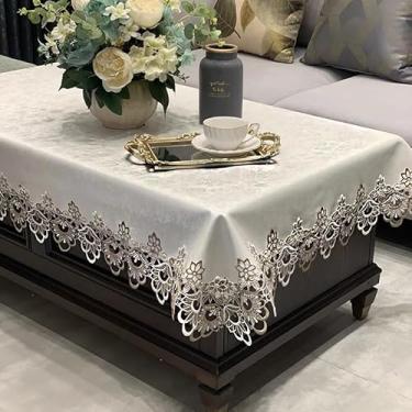 Imagem de pocenla Toalha de mesa de renda retangular primavera decoração flor antiga toalha de mesa macramê para casa de fazenda ao ar livre cozinha rústica festa aniversário piquenique (marrom claro, 137 x 167