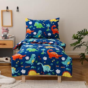 Imagem de Luxlovery Jogo de cama boêmio com estampa de dinossauro, 4 peças (1 edredom, 1 lençol de cima, 1 lençol com elástico, 1 fronha)