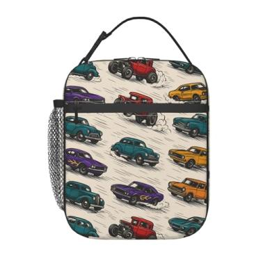 Imagem de cromcu Lancheira de carro de corrida para meninos e crianças, vintage Hot Rod Muscle Vehicle reutilizável com isolamento térmico, bolsa térmica retrô para amantes de esportes para escola, piquenique
