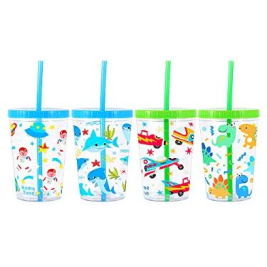 Imagem de Home Tune Copo infantil de 473 ml para beber água – sem BPA, copo com tampa de canudo, reutilizável, leve, garrafa de água à prova de derramamento com design fofo para meninas e meninos – tubarão, carro, espaço, dinossauro, pacote com 4
