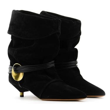 Imagem de Botas femininas despojadas de salto gatinho bico fino camurça cano curto casual inverno botas curtas, Camurça preta, 39