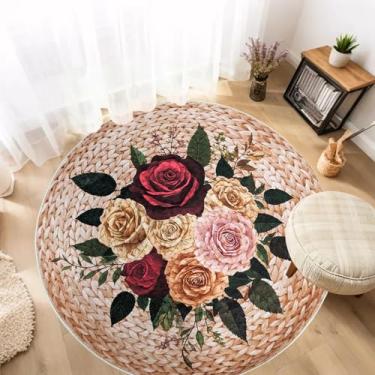 Imagem de Lacomfy Tapete redondo floral de 1,2 m – Tapete redondo boho rosa para crianças, meninas, redondo, flores, juta sintética, impressão de vime, gasto, vintage, interior, tapete lavável para casa de