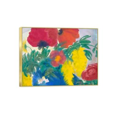 Imagem de Pintura de arte de parede de flores - imagem de decoração vintage - flores em vaso azul - impressões em tela moldura dourada para sala de estar 50 x 65 cm 20 x 26 pol