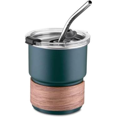 Imagem de Copo de Café em Inox 250ml com Tampa Hermética e Canudo – Aço Inox 304, Pegador em Fibra Natural e Acabamento Fosco Verde