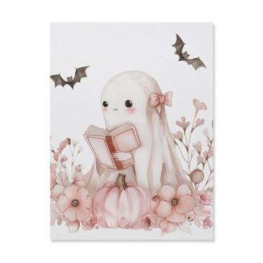 Imagem de HouLaiZhe Pôster de Halloween em tela fantasma rosa impressões de arte de parede decorações de Halloween decoração de parede estética gótica para sala de estar quarto 18 x 24 polegadas (45 x 60 cm)