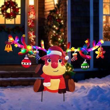 Imagem de Estaca de jardim de Natal com cordão de luzes, estacas de placa de metal para quintal de rena de Natal ao ar livre, decorações de placas de boas-vindas para decoração de festa de Natal