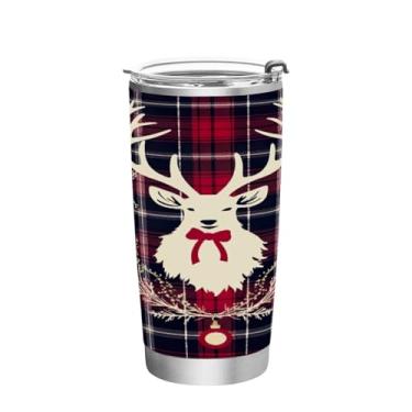 Imagem de Wassud Fundo xadrez com veado copo de 590 ml com tampa e canudo, copo de aço inoxidável de parede dupla a vácuo copo isolado copo de viagem caneca de café para bebidas frias e quentes
