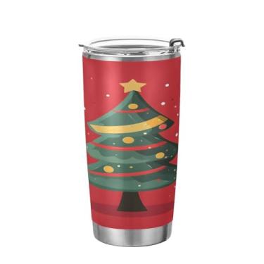 Imagem de YETTASBIN Copo de árvore de Natal com tampa de palha, copo de aço inoxidável de 590 ml, parede dupla, isolada a vácuo, caneca de café de viagem para bebidas quentes e frias