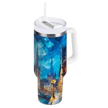 Imagem de Kigai Copo de pintura a óleo ghent City Hall de 1,134 g com tampa e palha, copo isolado de aço inoxidável durável à prova de vazamento com alça, garrafas de água à prova de derramamento para viagens
