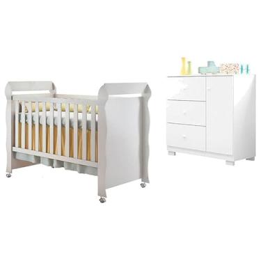 Imagem de Berço Americano Mirelle com Cômoda Infantil Duda Branco Brilho - Phoenix Baby