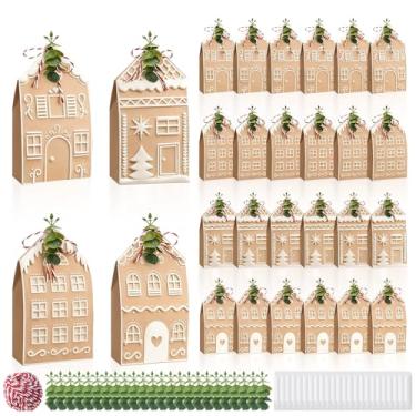 Imagem de Geyoga Conjunto de 24 sacos de presente com design de casa de gengibre de Natal, inclui caixas de presente em forma de papel kraft de eucalipto de natal vermelho e branco, canetas de tinta para