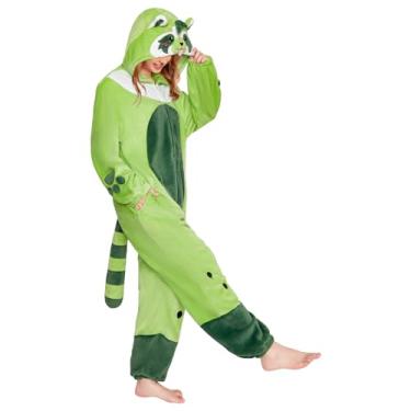 Imagem de OLAOLA Hatcha Macaquinho de guaxinim para adultos com capuz, com bolsos, flanela macia, roupa de dormir unissex de peça única, pijamas para presentes de cosplay