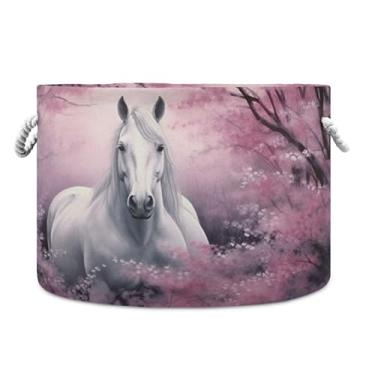 Imagem de Burbuja Cesta de armazenamento redonda de cavalo branco com alças de corda de algodão, cesta de lavanderia para cobertores, brinquedos, berçário, decoração de sala de estar