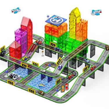 Imagem de Conjunto de estrada de ladrilhos magnéticos SKTMYY 121PCS com carros p