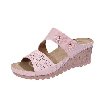 Imagem de Chinelos femininos de sola grossa, uma linha, design de flor, sandálias de praia com salto anabela, casual, verão, Vermelho melancia, 38