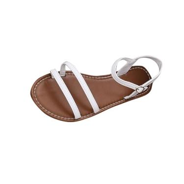 Imagem de Sandálias romanas casuais femininas com tira de fivela no dedo do pé para uso no verão, adequadas para uso interno e externo com tecido PU com fivela ajustável, Branco, 34
