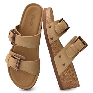 Imagem de SHIBEVER Sandálias de cunha para mulheres 2025: Sandálias com tira de fivela ajustável e salto plataforma confortável de cortiça 5 cm, Caqui, 36