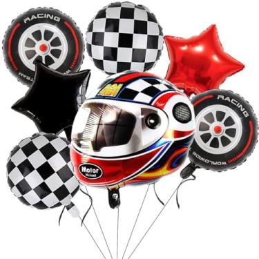 Imagem de Race Car Helmet Balloons, Wheels Tire Birthday Party Supplies, Black and White Foil Checkered Balloons, Boys Bicycle Motorcycle Truck Theme Party Decorations 7 Pcs