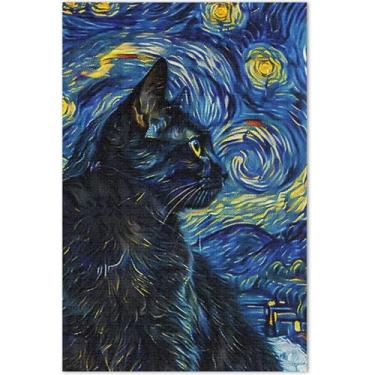 Imagem de Quebra-cabeça de gato preto noite estrelada 1000 peças para adultos pintura de belas artes quebra-cabeças divertidos para adultos elefante branco presentes engraçados