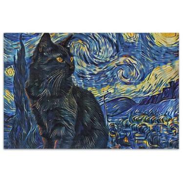 Imagem de Quebra-cabeça de gato preto noite estrelada para adultos 1000 peças presentes elefantes brancos mordaça presente quebra-cabeça jogo de arte