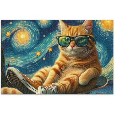 Imagem de Quebra-cabeça de gato fofo noite estrelada 1000 peças adulto engraçado difícil quebra-cabeça arte brinquedo pintura, 75 x 40 centímetros