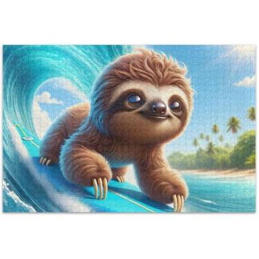 Imagem de Quebra-cabeça fofo de 1000 peças de preguiça surfando para adultos, brinquedo de arte, quebra-cabeças rígidos para adultos, amigos, família, jogos, presentes, 75 x 40 cm